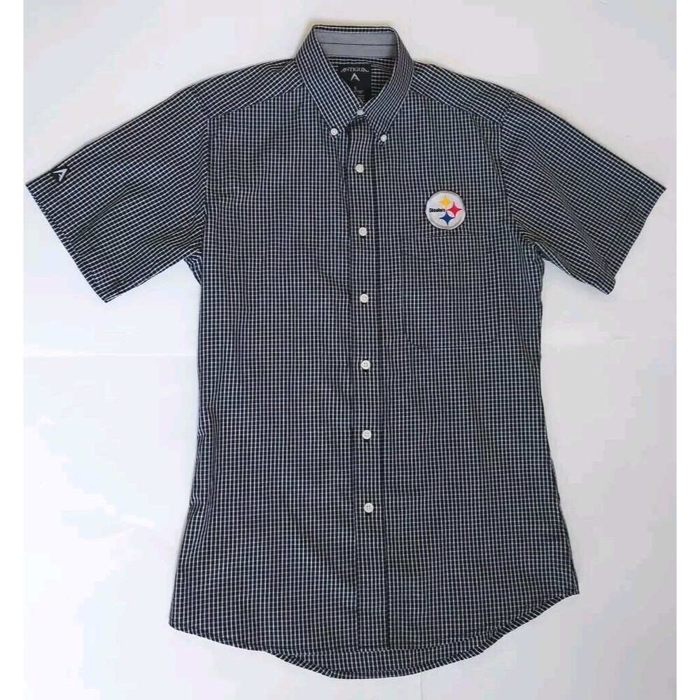 NWOT Mens Antigua Pittsburgh Steelers B & W Plaid SS Button Down Shirt Size S